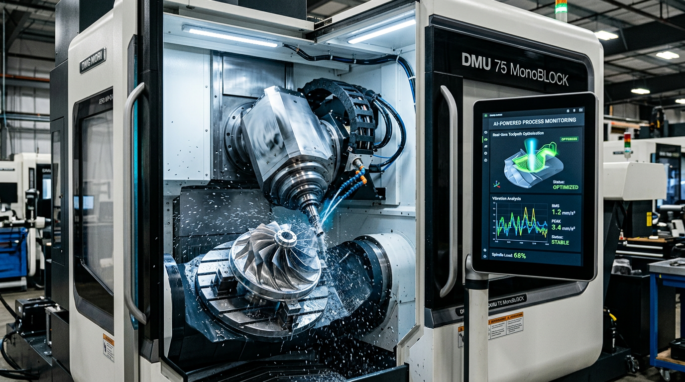 Modern 5-axis CNC machining center with the enclosure open, showing a complex aerospace component being machined