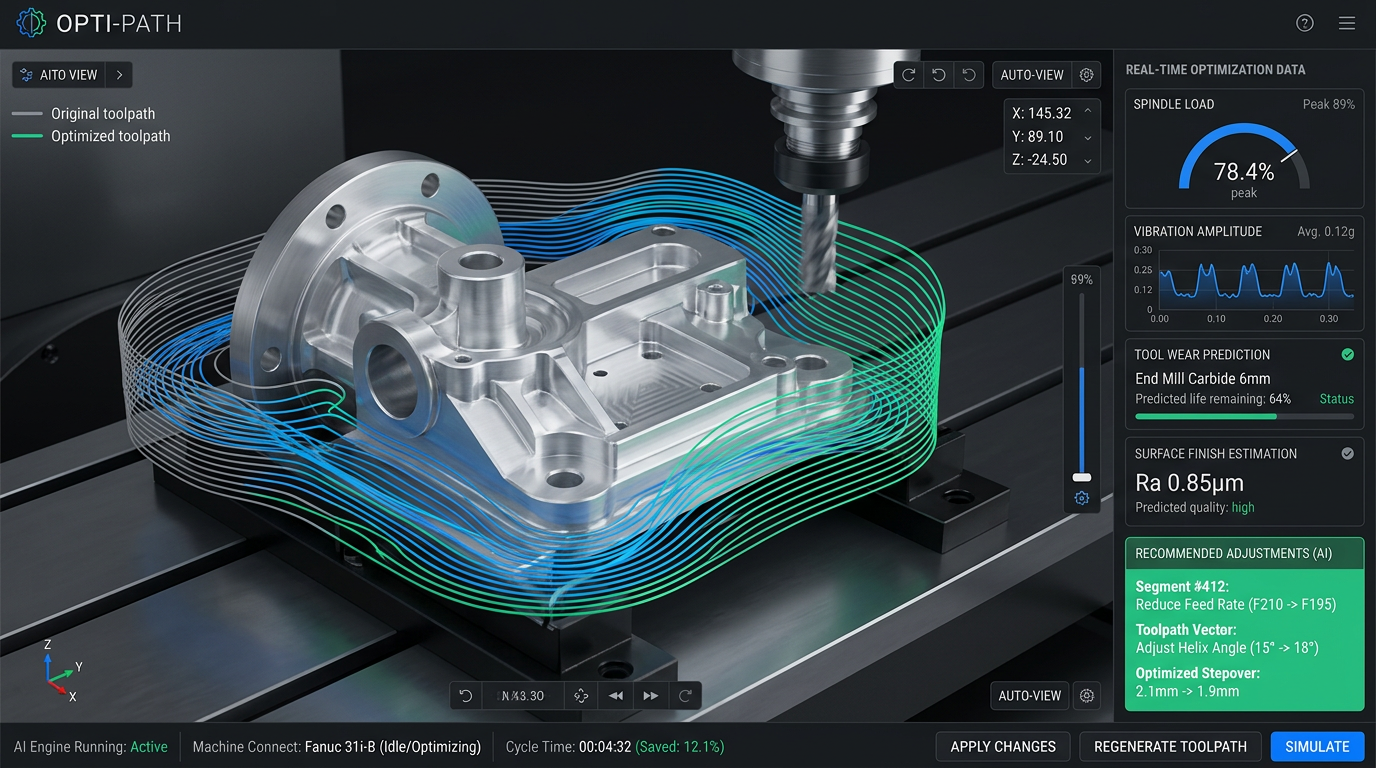 Digital interface showing AI-driven toolpath optimization software